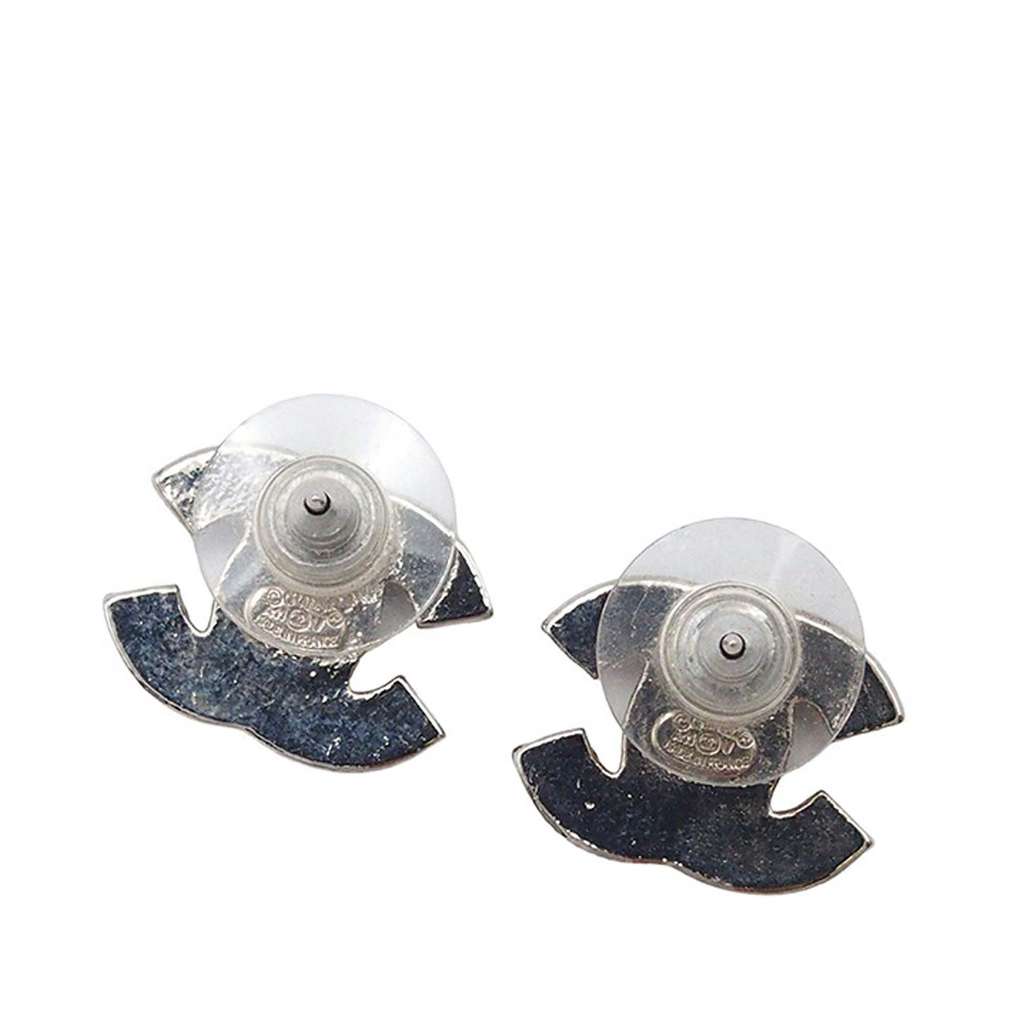 Chanel Silver Plated CC Crystal Push Back Earrings - 4