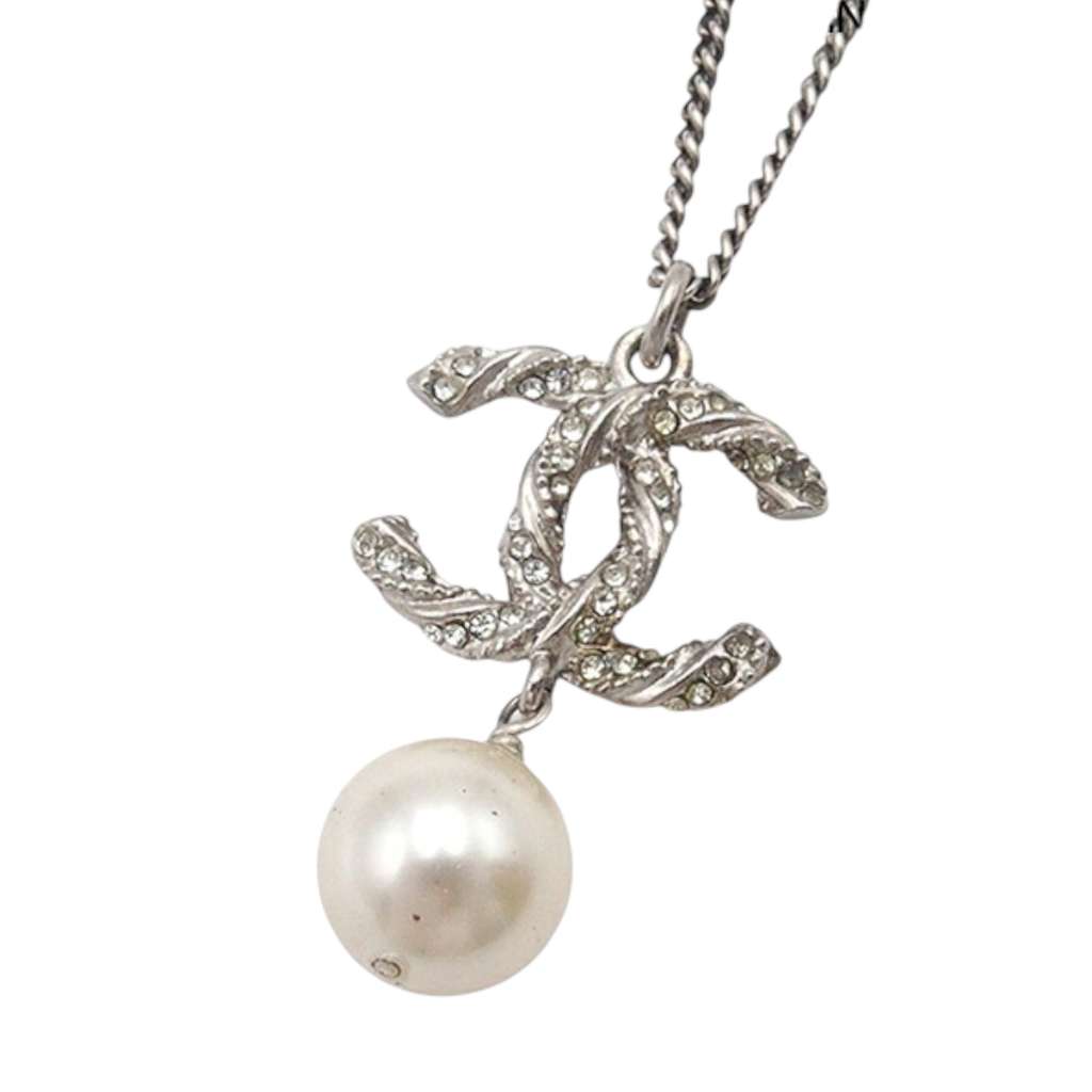 Chanel Silver Plated CC Faux Pearl Rhinestone Pendant Necklace - 2
