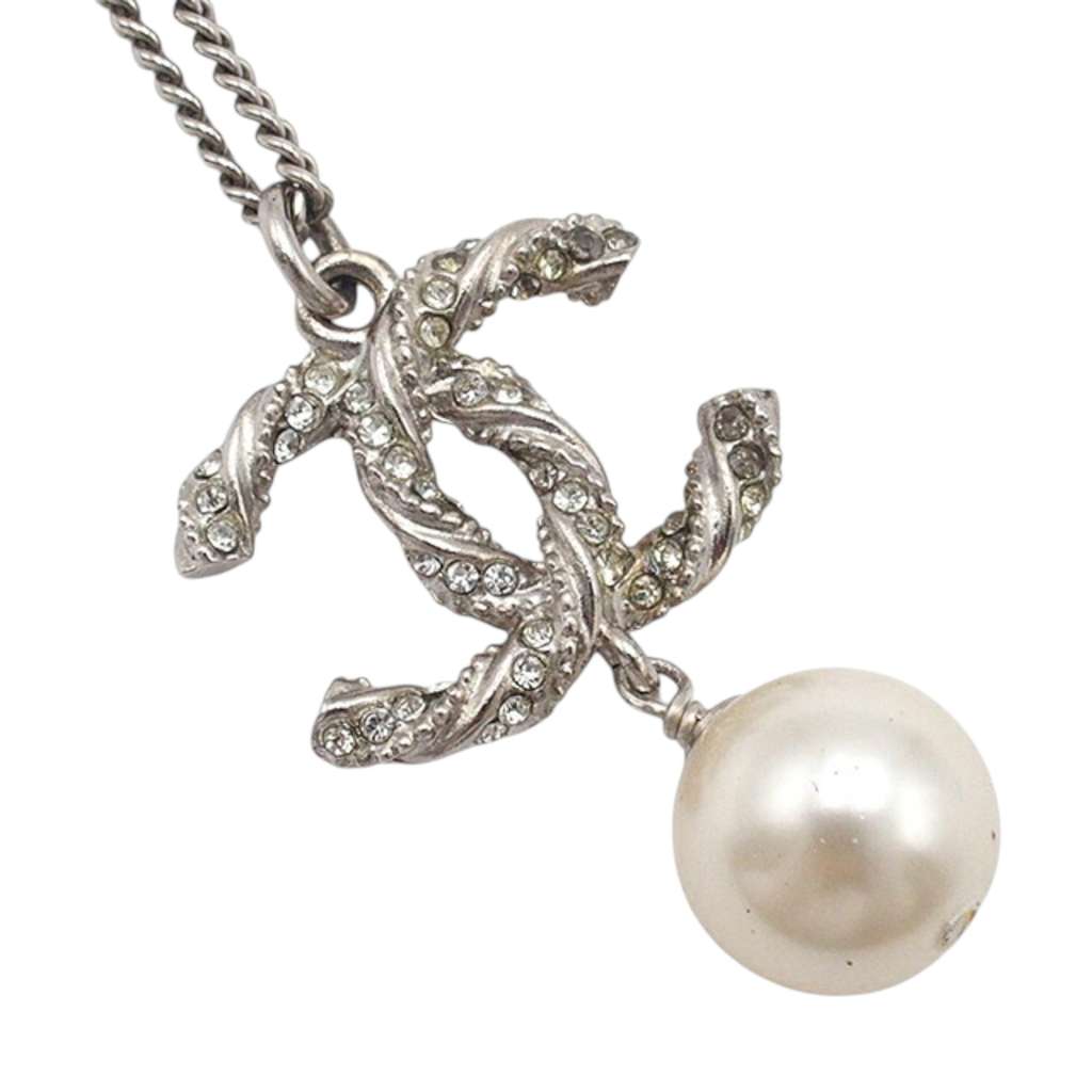 Chanel Silver Plated CC Faux Pearl Rhinestone Pendant Necklace - 4