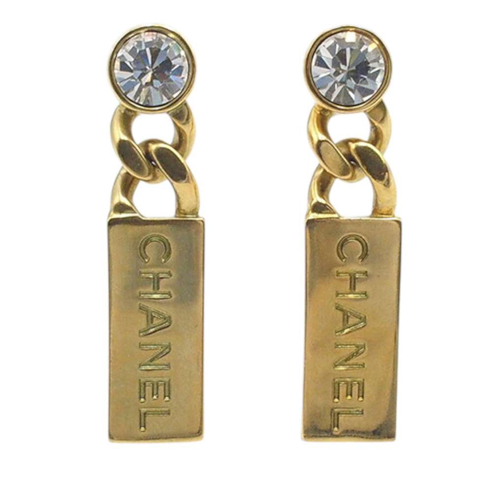 Chanel Gold Plated Crystal Tag Drop Bullet Back Earrings