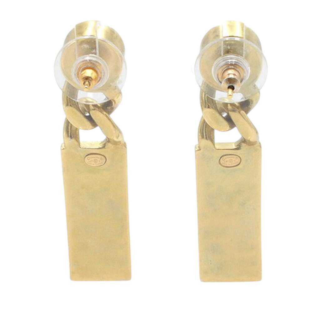 Chanel Gold Plated Crystal Tag Drop Bullet Back Earrings - 2