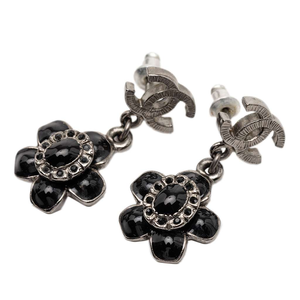 Chanel CC Silver Plated Enamel Flower Drop Earrings