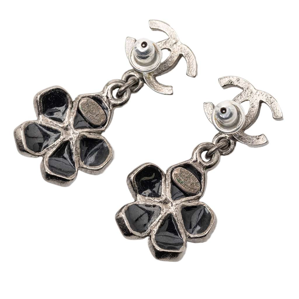 Chanel CC Silver Plated Enamel Flower Drop Earrings - 2