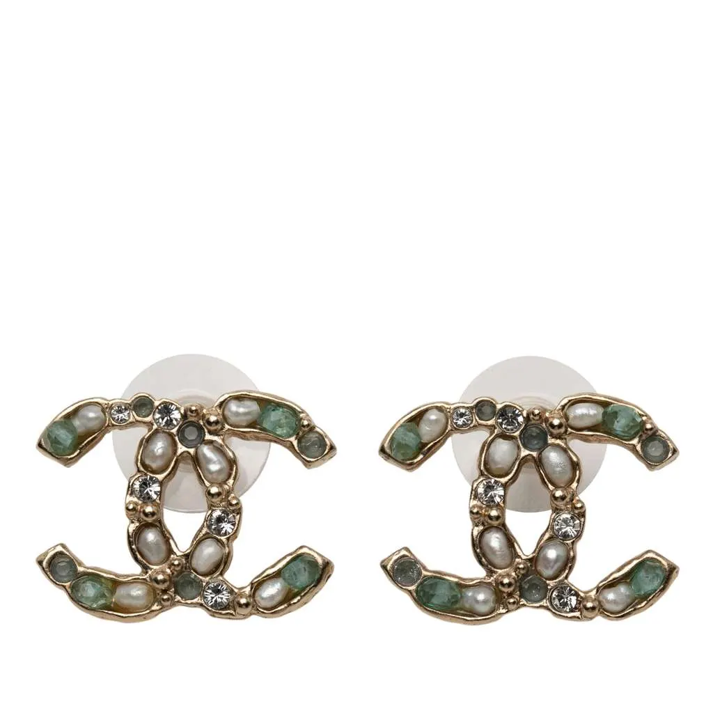 Chanel CC Gold Plated Faux Pearl and Rhinestone Push Back arrings Gold Metal Good - Front View