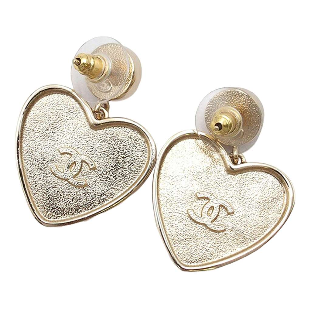 Chanel CC Gold Plated Faux Pearl Heart Push Back Earrings - 2