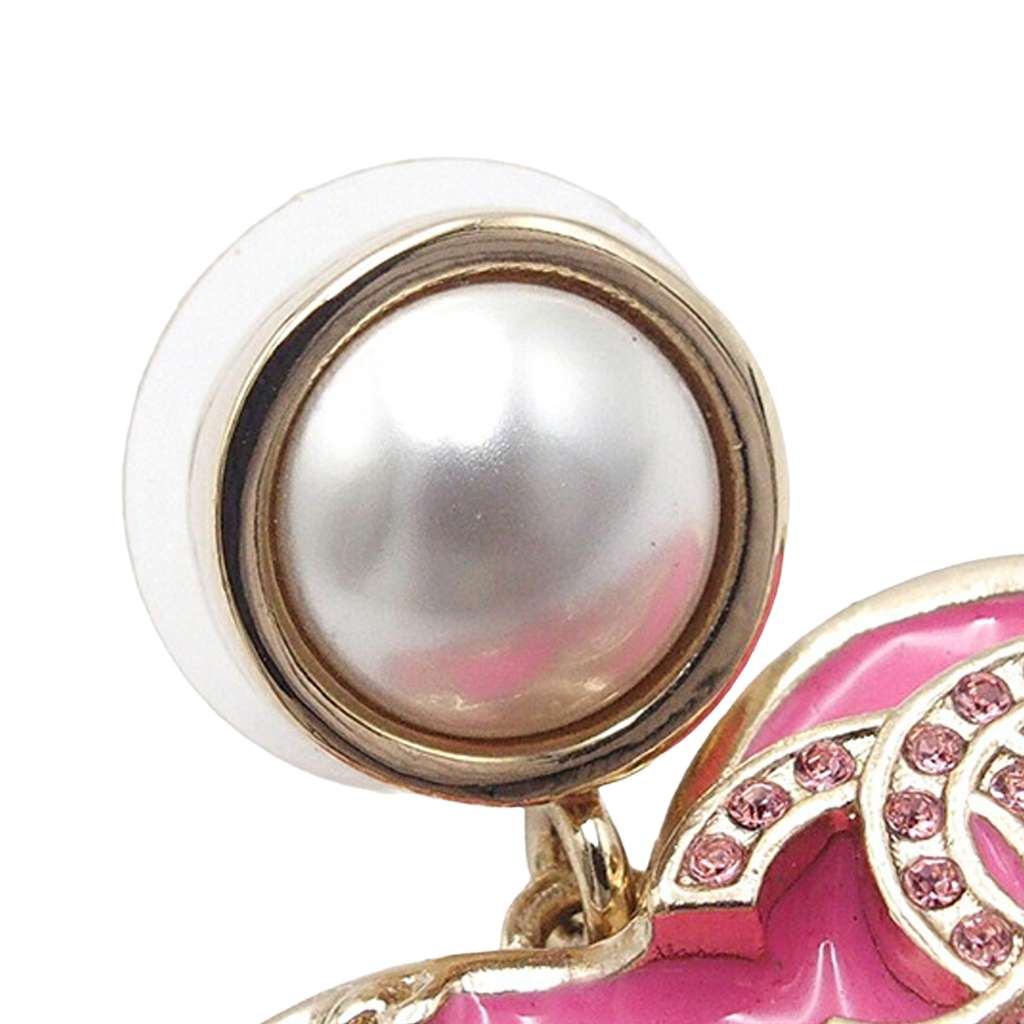 Chanel CC Gold Plated Faux Pearl Heart Push Back Earrings - 3