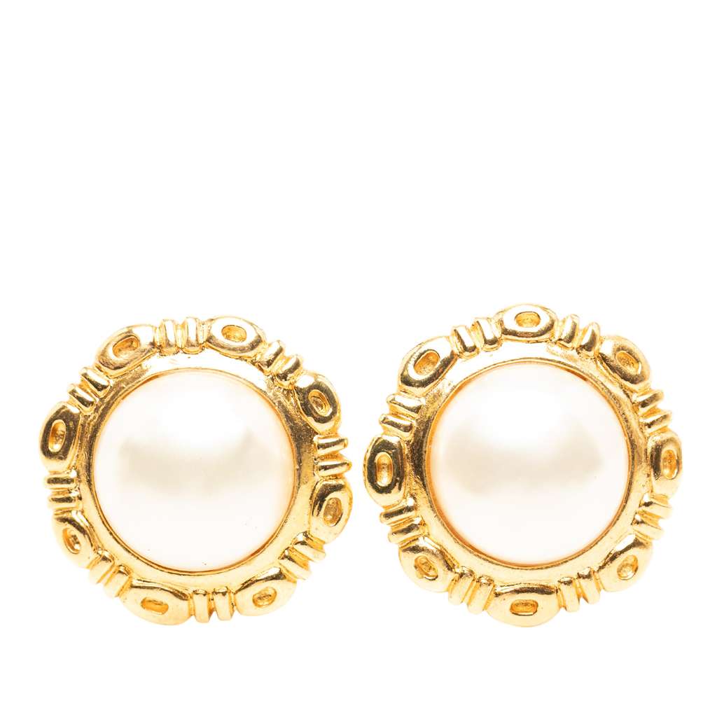 Chanel Gold Plated Faux Pearl Clip On Earrings