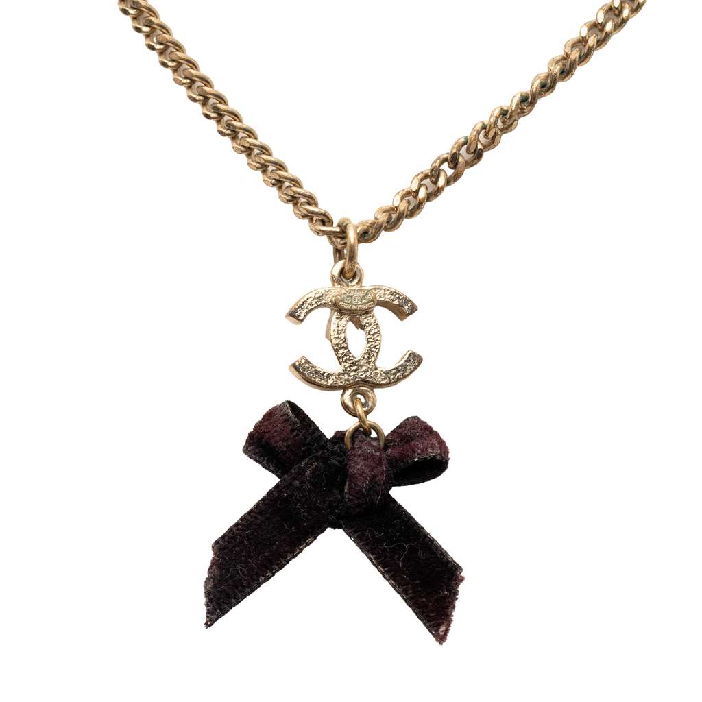 Chanel CC Gold Plated Enamel Velvet Bow Pendant Necklace - 2