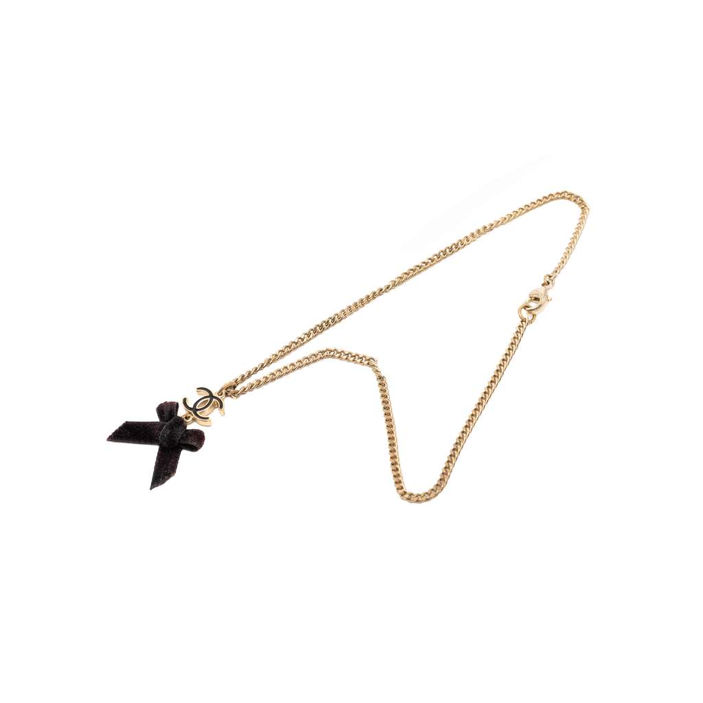 Chanel CC Gold Plated Enamel Velvet Bow Pendant Necklace - 5