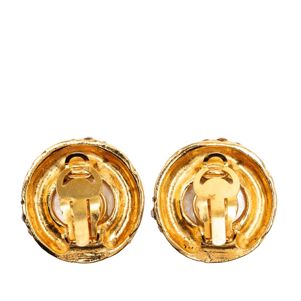 Chanel Gold Plated Faux Pearl Swirl Crystal Clip On Earrings - 2