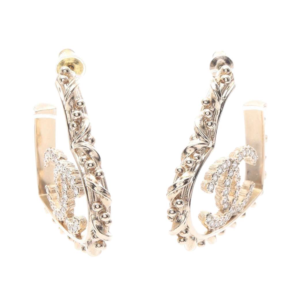 Chanel CC Gold Plated Rhinestones Heart Hoop Earrings - 2