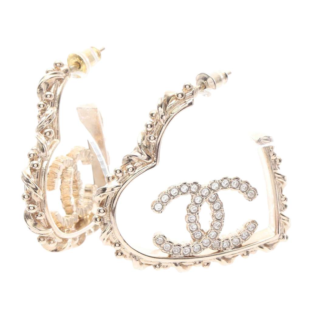 Chanel CC Gold Plated Rhinestones Heart Hoop Earrings - 3
