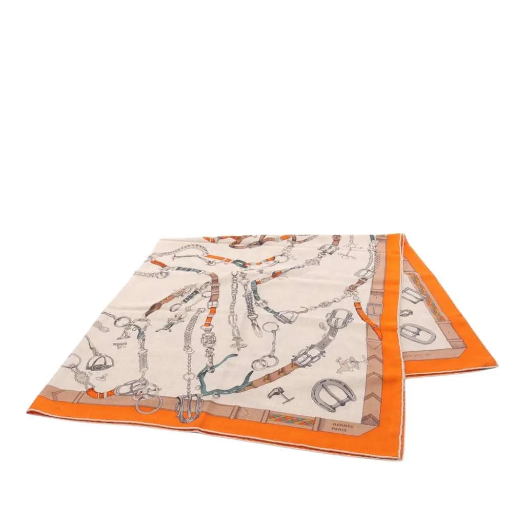 Hermès Les Chevaux Dechaines Cashmere Scarf Brown Wool Good - Front View