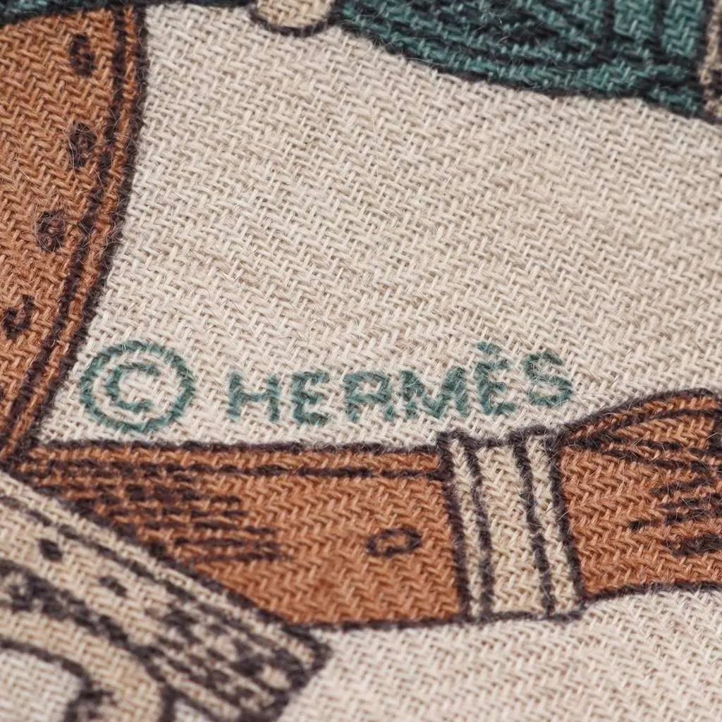 Hermès Les Chevaux Dechaines Cashmere Scarf Brown Wool Good - Inside View