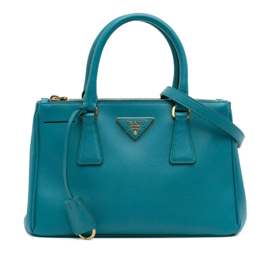 Prada Mini Saffiano Lux Galleria Double Zip Blue Leather Good - Front View