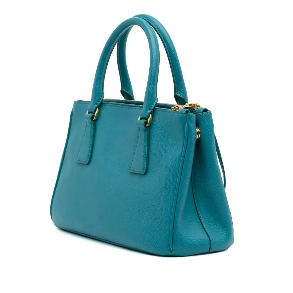 Prada Mini Saffiano Lux Galleria Double Zip Blue Leather Good - Back View