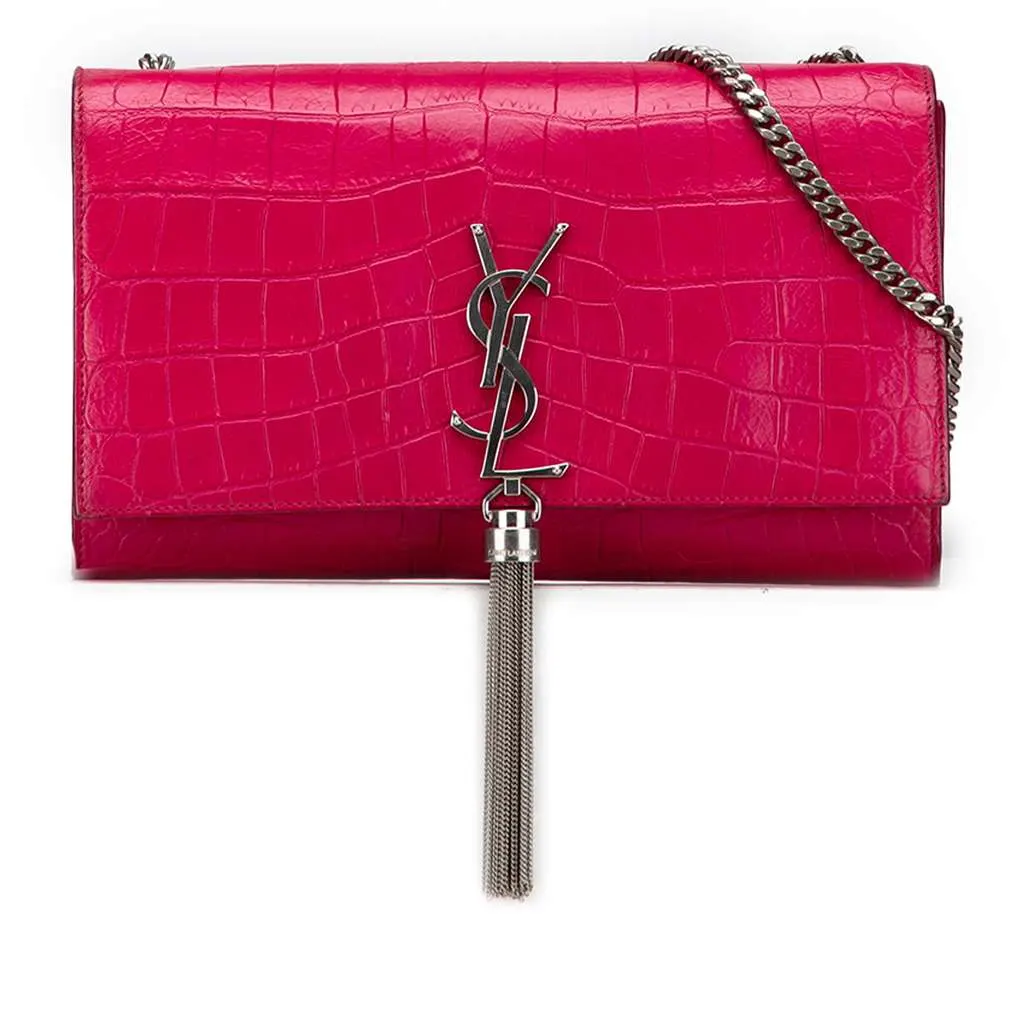 Saint Laurent Medium Croc Embossed Leather Kate Tassel Crossbody Pink Leather Good - Front View