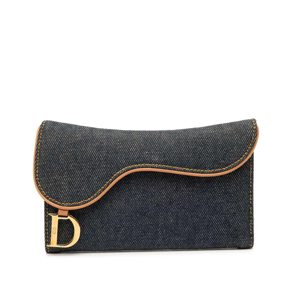 Dior Denim Saddle Trifold Continental Wallet Blue Denim Very good - Front View