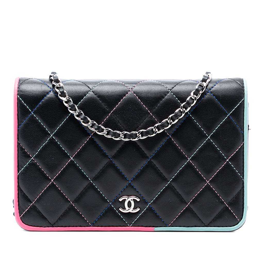 Chanel CC Quilted Lambskin Multicolor Border Full Flap Wallet on Chain