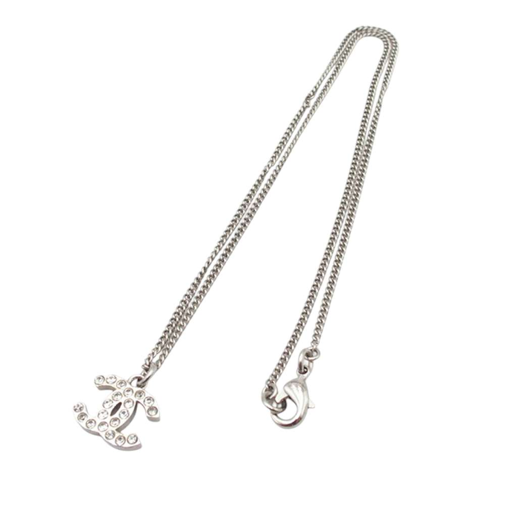 Chanel Silver Plated CC Rhinestone Pendant Necklace