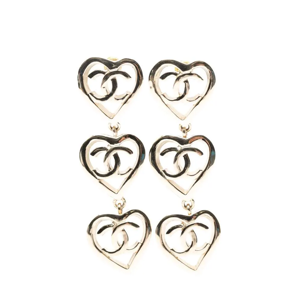 Chanel Gold Plated Triple Heart CC Drop Earrings Gold Metal Good - Front View