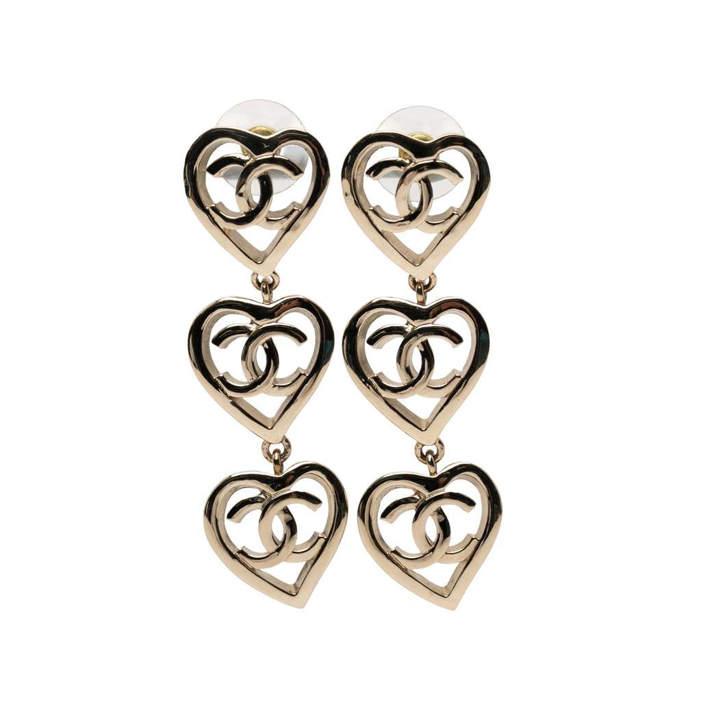 Chanel Gold Plated Triple Heart CC Drop Earrings - 2