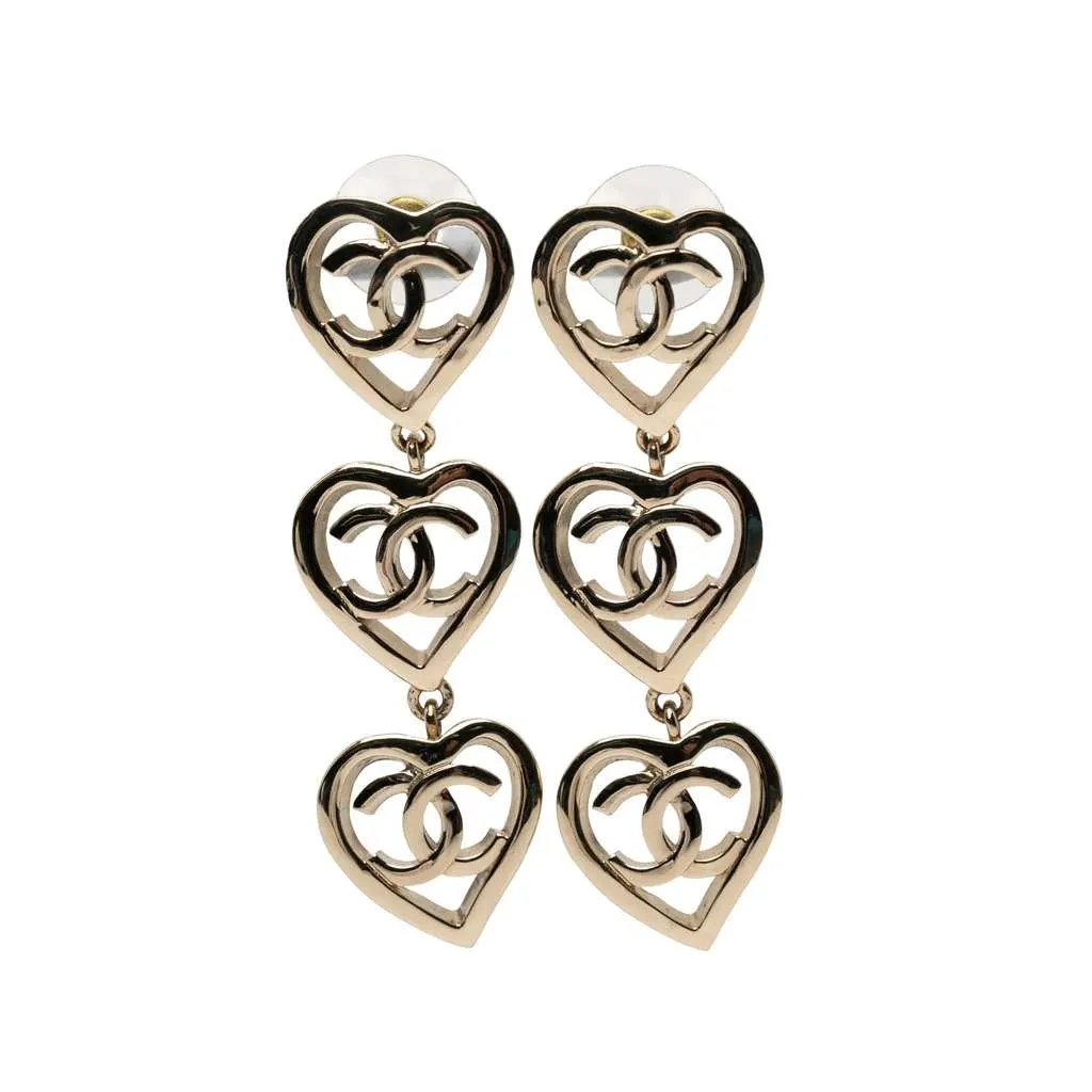 Chanel Gold Plated Triple Heart CC Drop Earrings Gold Metal Good - Back View