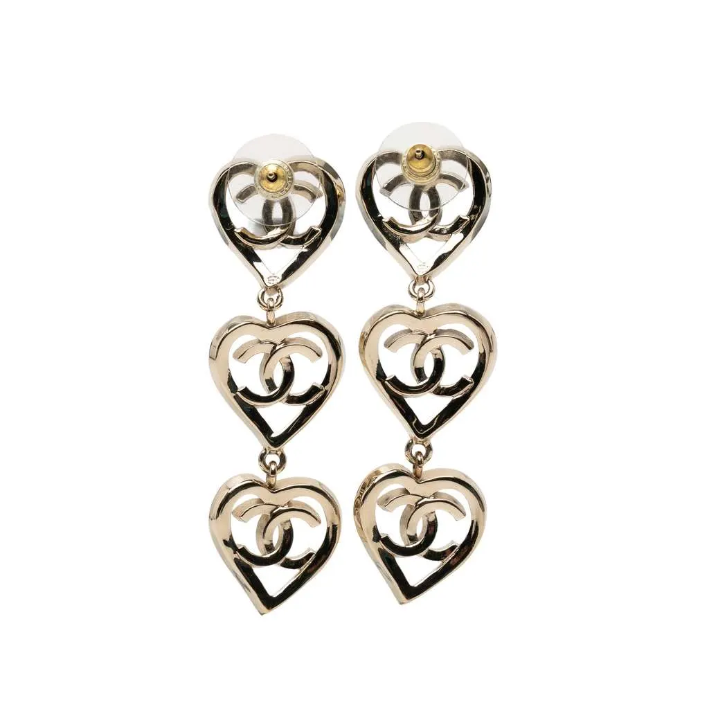 Chanel Gold Plated Triple Heart CC Drop Earrings Gold Metal Good - Inside View