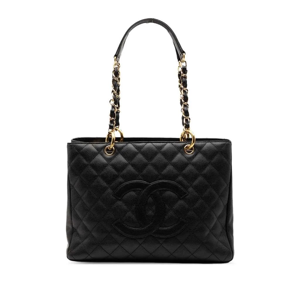 Chanel Caviar Grand Shopping Tote Black Leather Good - Front View