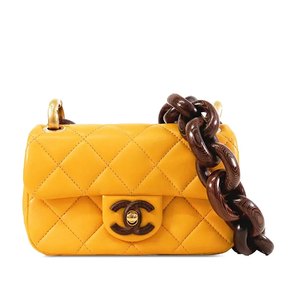 Chanel Mini Square Lambskin Wenge Wood Flap Yellow Leather Good - Front View