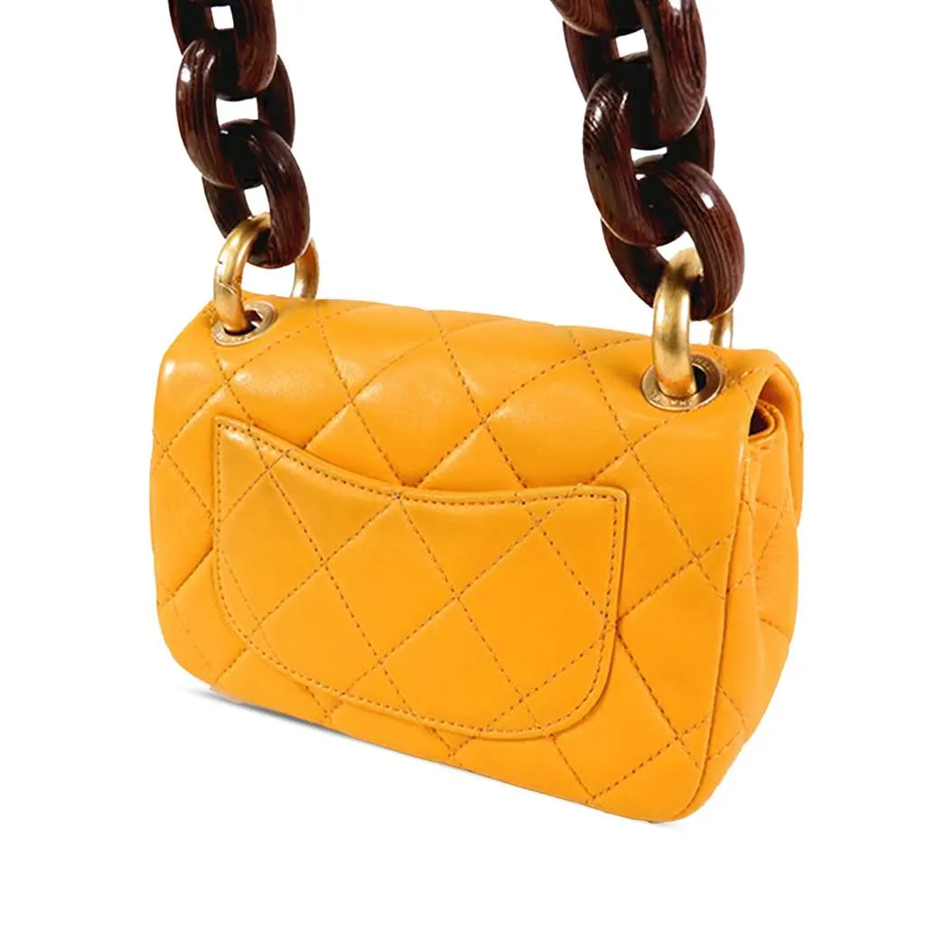 Chanel Mini Square Lambskin Wenge Wood Flap Yellow Leather Good - Back View