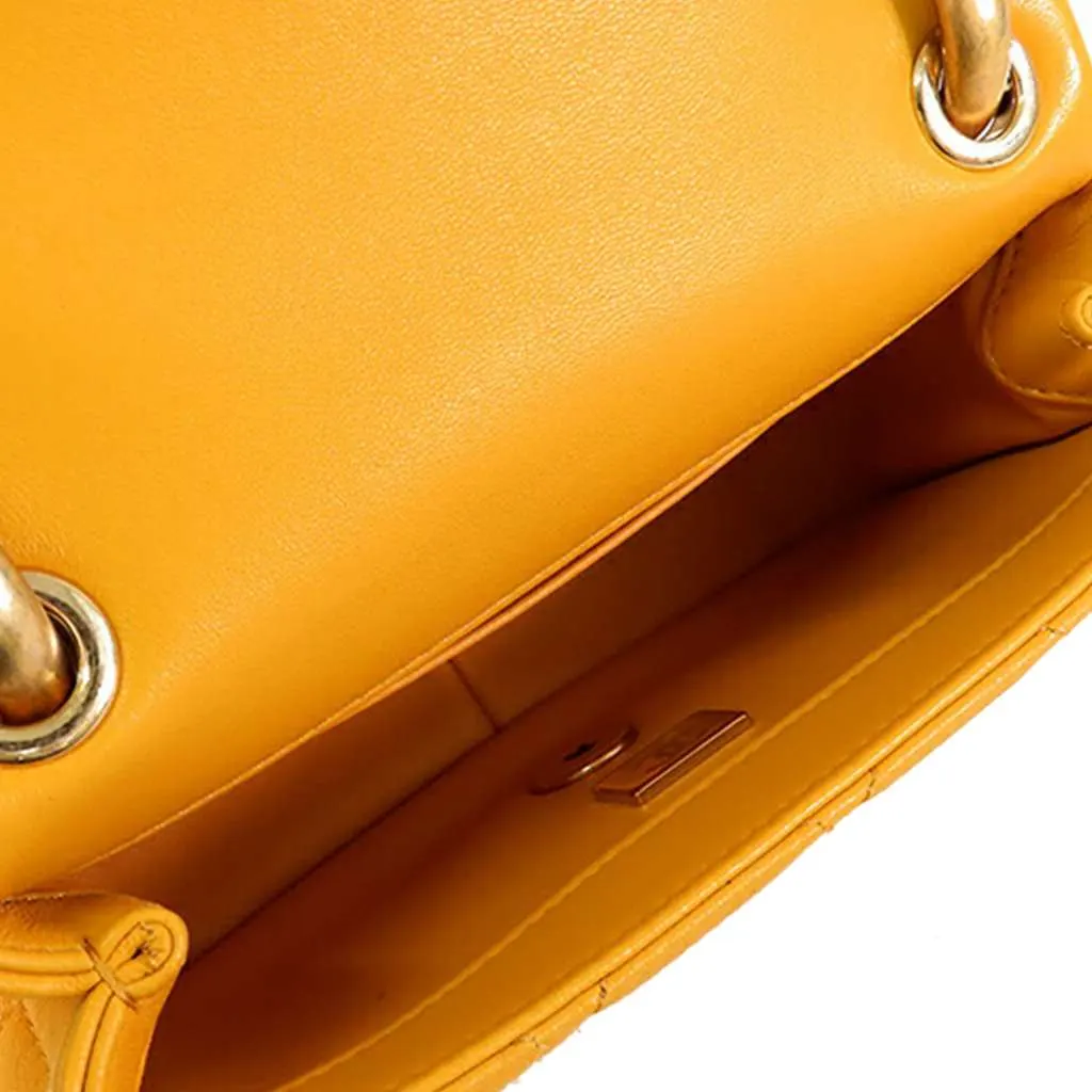 Chanel Mini Square Lambskin Wenge Wood Flap Yellow Leather Good - Model View