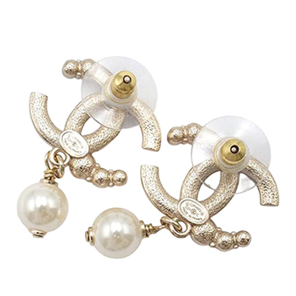 Chanel Gold Plated CC Crystal and Faux Pearl Drop Push Back Earrings - 2