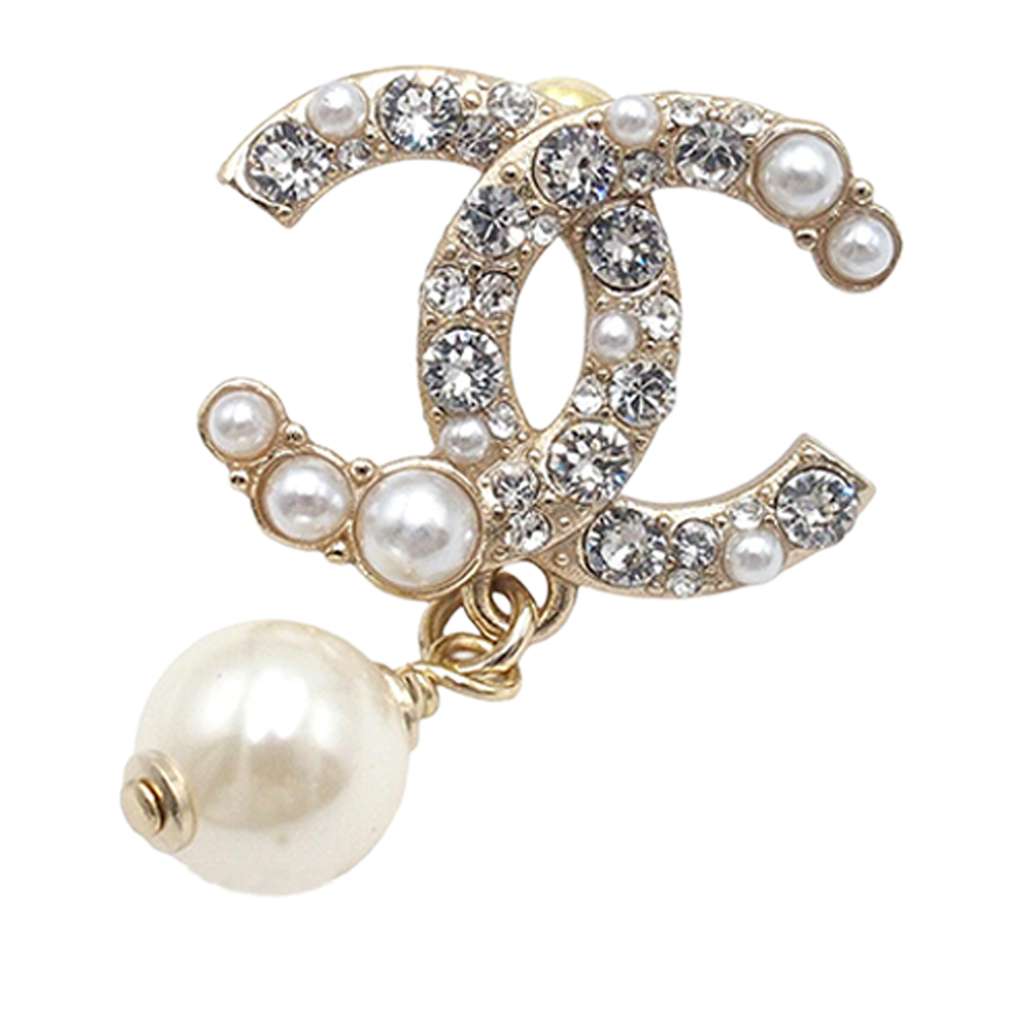 Chanel Gold Plated CC Crystal and Faux Pearl Drop Push Back Earrings - 3