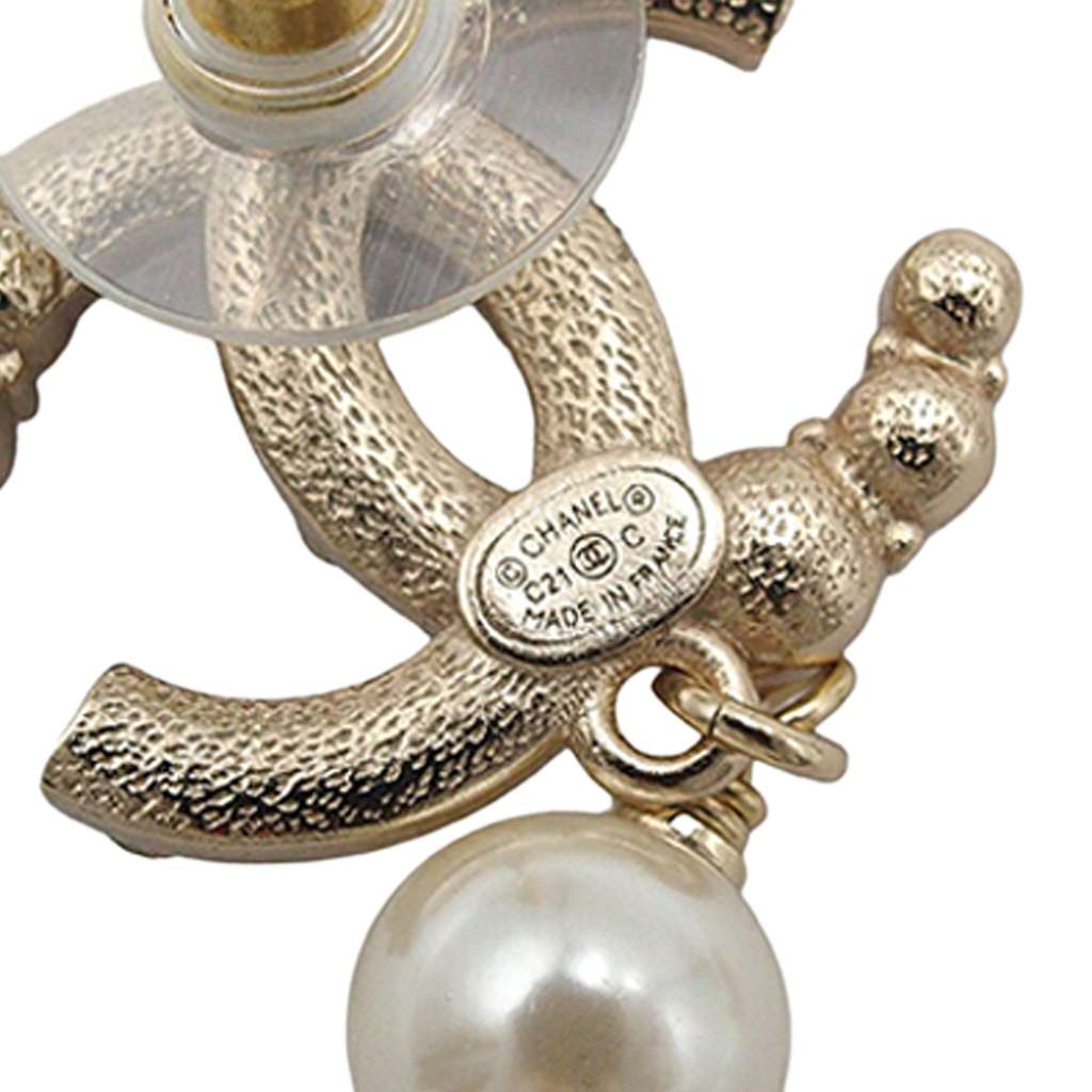 Chanel Gold Plated CC Crystal and Faux Pearl Drop Push Back Earrings - 4