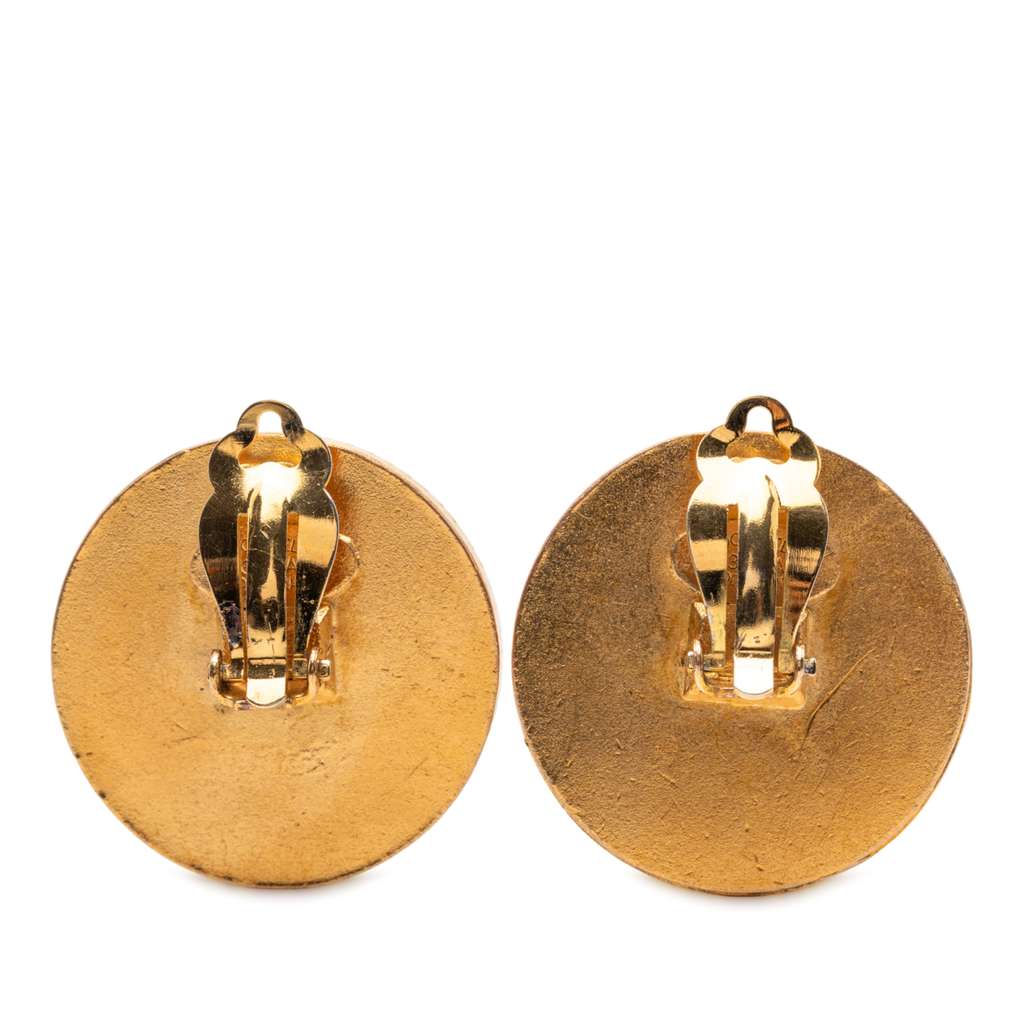 Chanel CC Gold Plated and Wood Round Button Clip On Earrings - 2