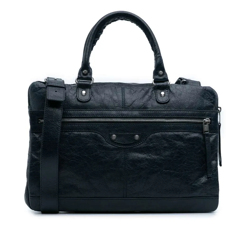 Balenciaga Lambskin Motocross Classic Briefcase Blue Leather Good - Front View