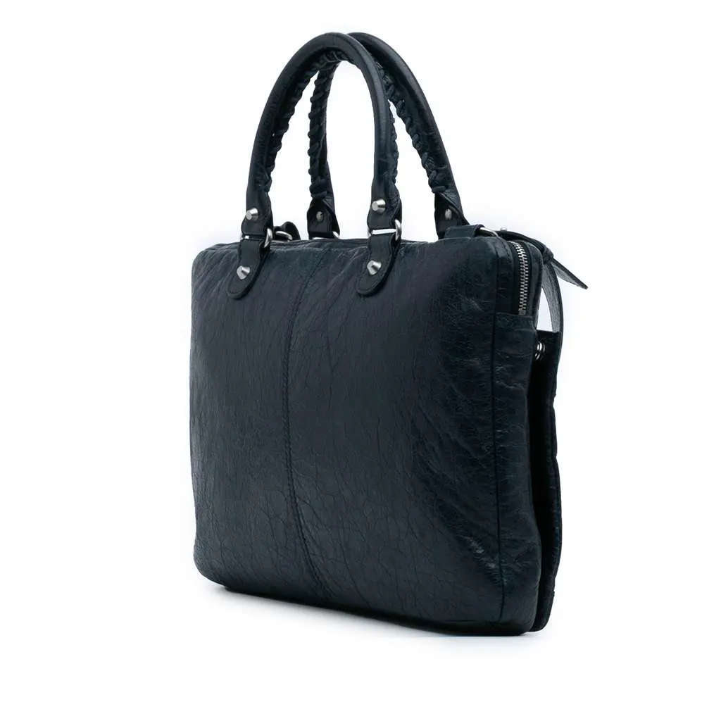 Balenciaga Lambskin Motocross Classic Briefcase Blue Leather Good - Back View