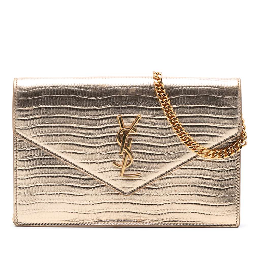 Saint Laurent Lizard Embossed Metallic Calfskin Monogram Envelope Chain Wallet