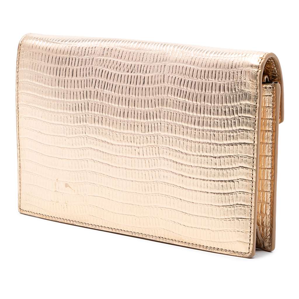 Saint Laurent Lizard Embossed Metallic Calfskin Monogram Envelope Chain Wallet - 2