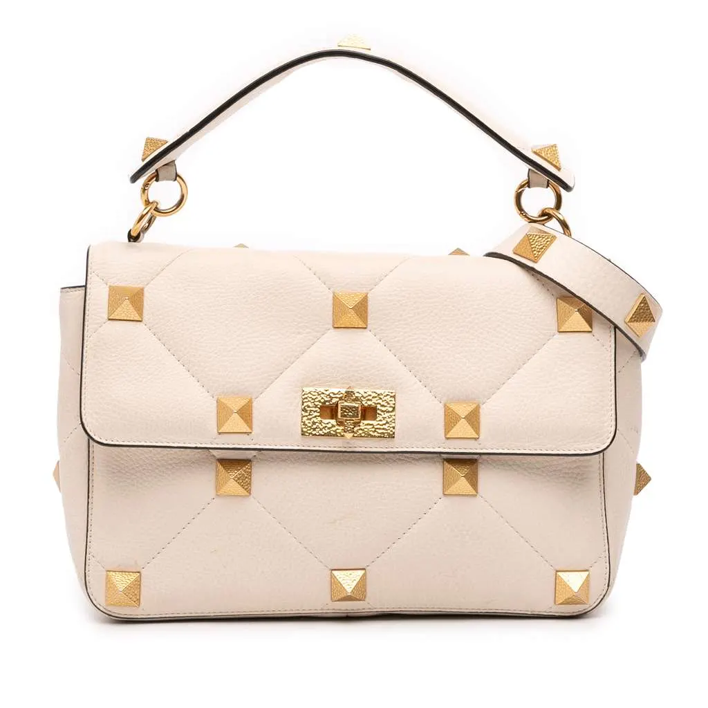 Valentino Large Grained Calfskin Roman Stud Satchel White Leather Good - Front View