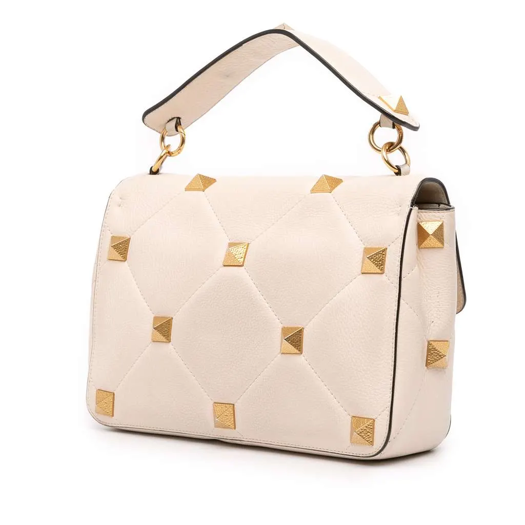 Valentino Large Grained Calfskin Roman Stud Satchel White Leather Good - Back View
