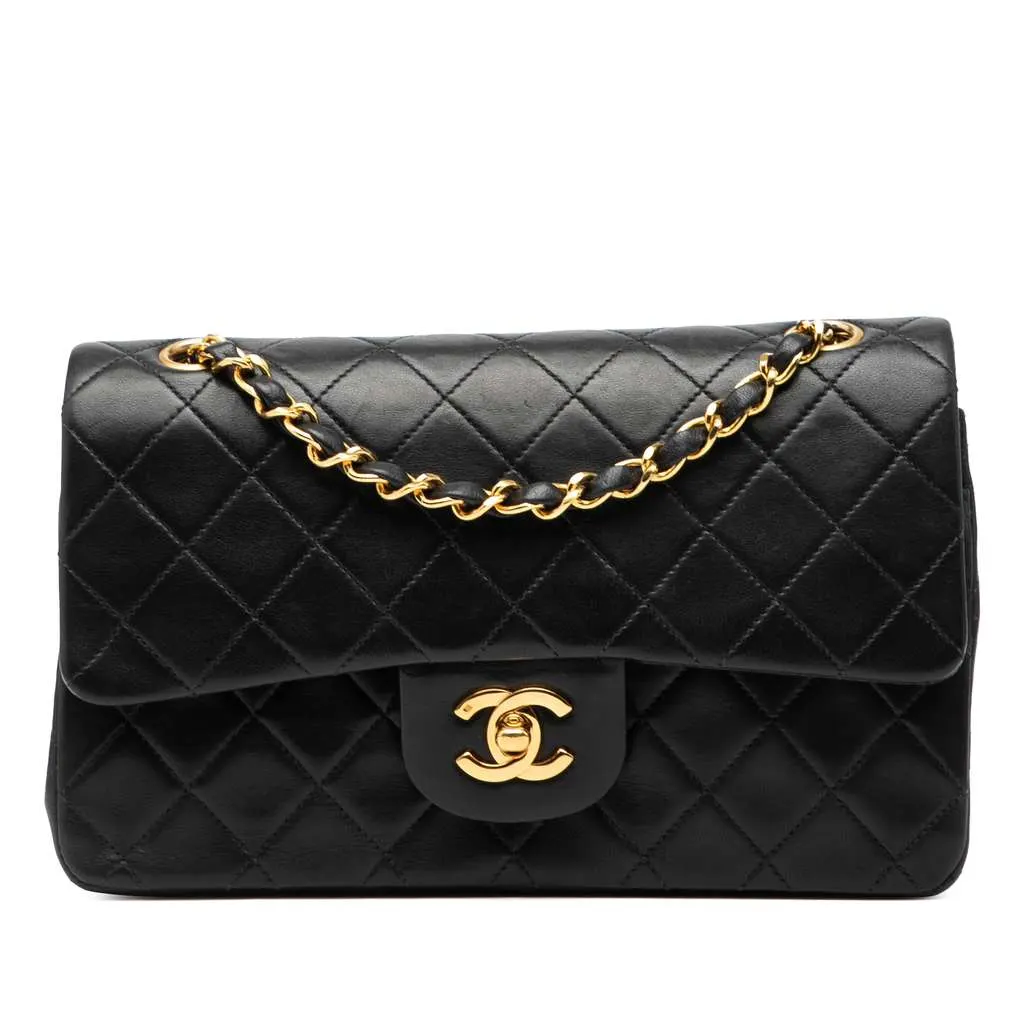 Chanel Small Classic Lambskin Double Flap Black Leather Good - Front View
