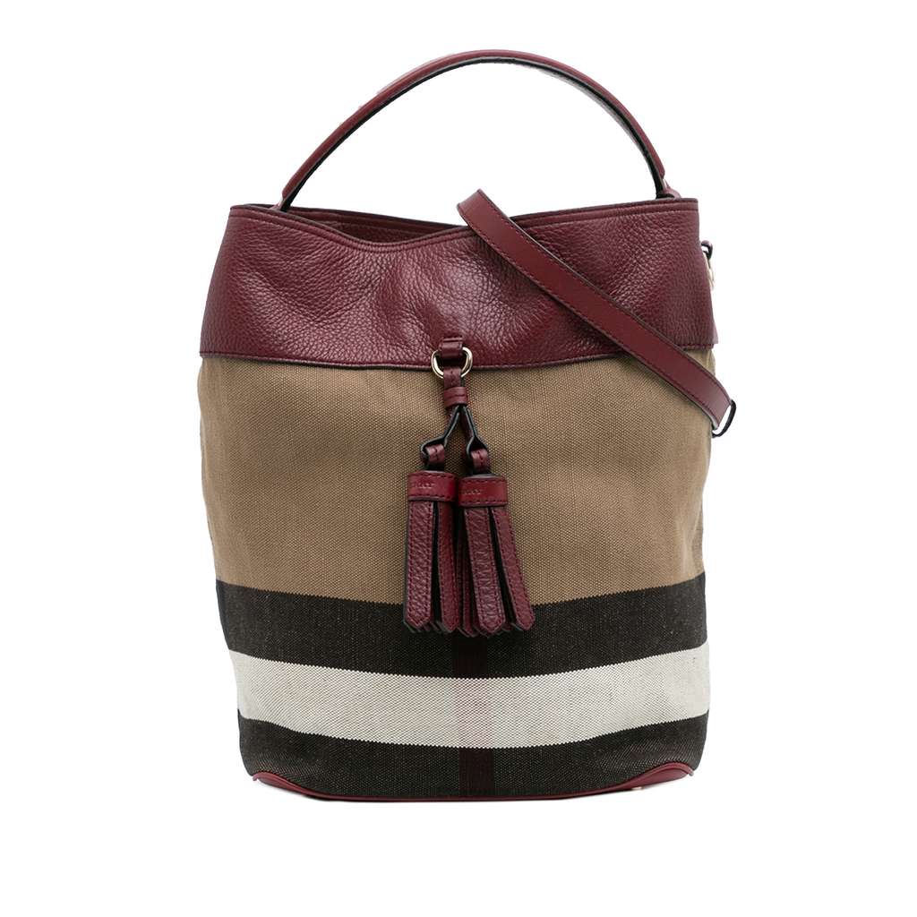 Burberry Medium Mega Check Canvas and Grained Calfskin Ashby Tassel Bucket Bag