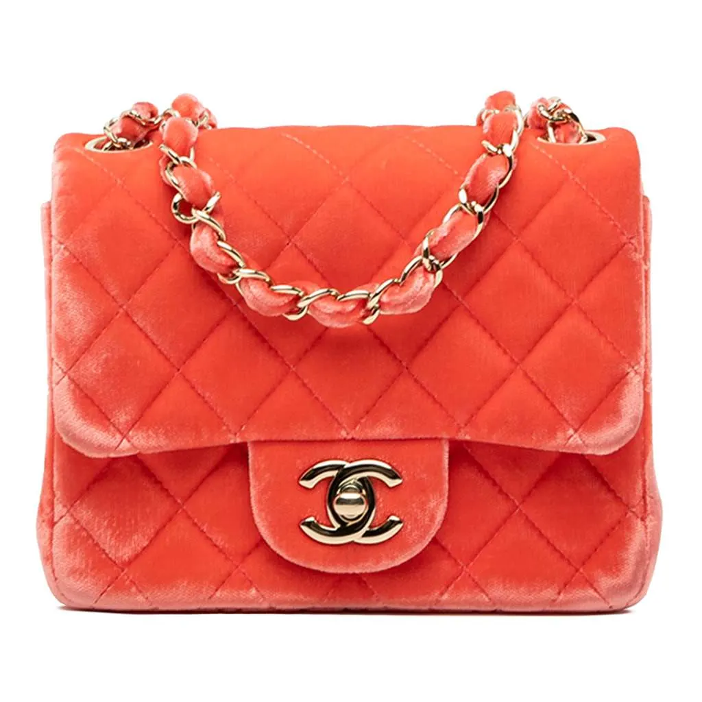 Chanel Mini Square Classic Velvet Single Flap Orange Velvet Good - Front View