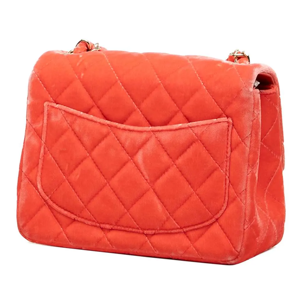 Chanel Mini Square Classic Velvet Single Flap Orange Velvet Good - Back View