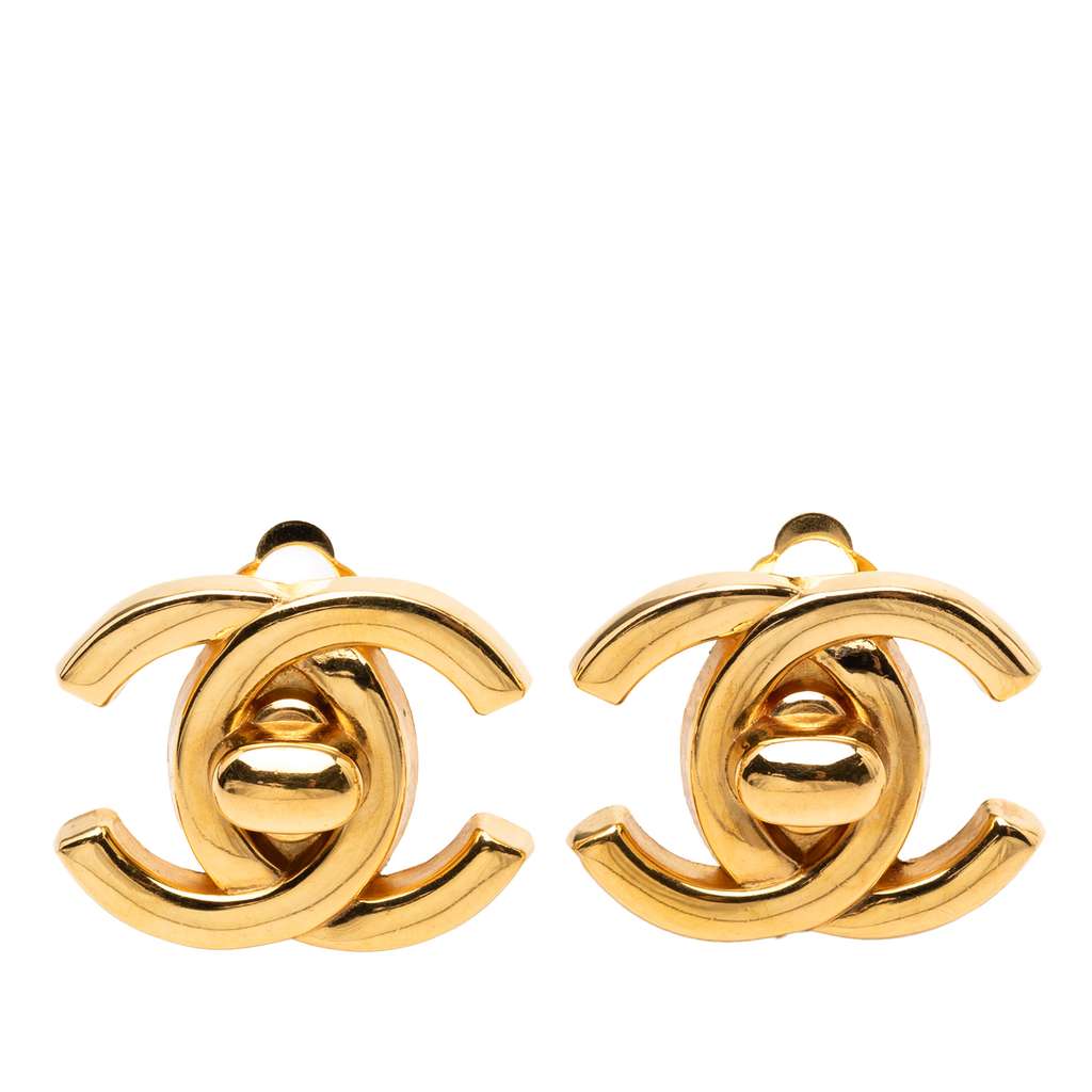 Chanel Gold Plated CC Turn Lock Clip On Earrings