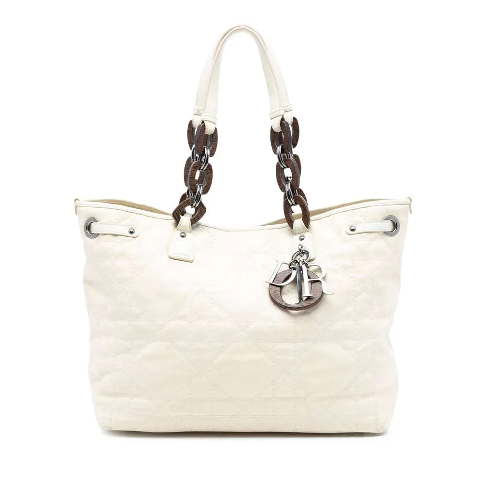 Dior Medium Coated Canvas Cannage Panarea Tote White Canvas Good - Front View