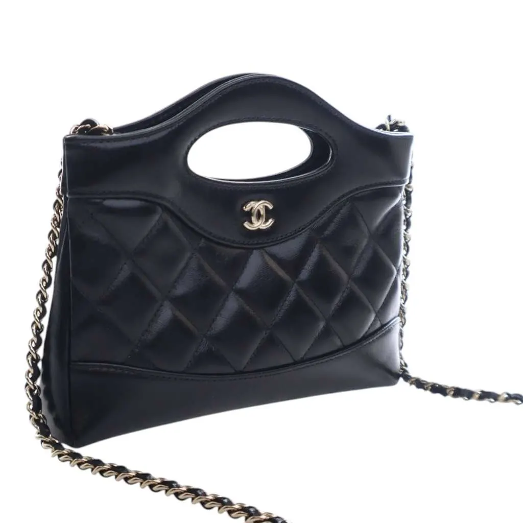 Chanel Nano Shiny Aged Calfskin 31 Shopping Bag Black Leather Good - Front View