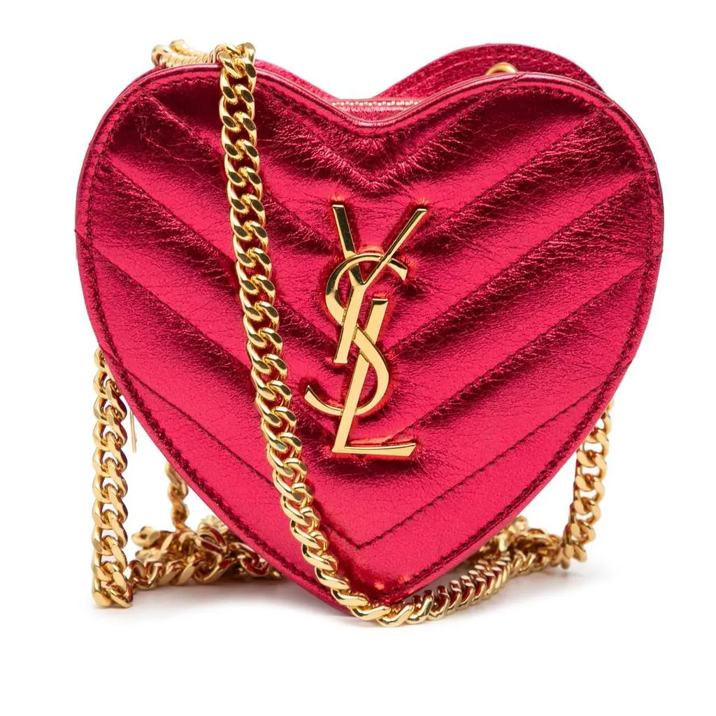 Saint Laurent Mini Metallic Leather Chevron Monogram Love Heart Chain Bag Pink Leather Very good - Front View